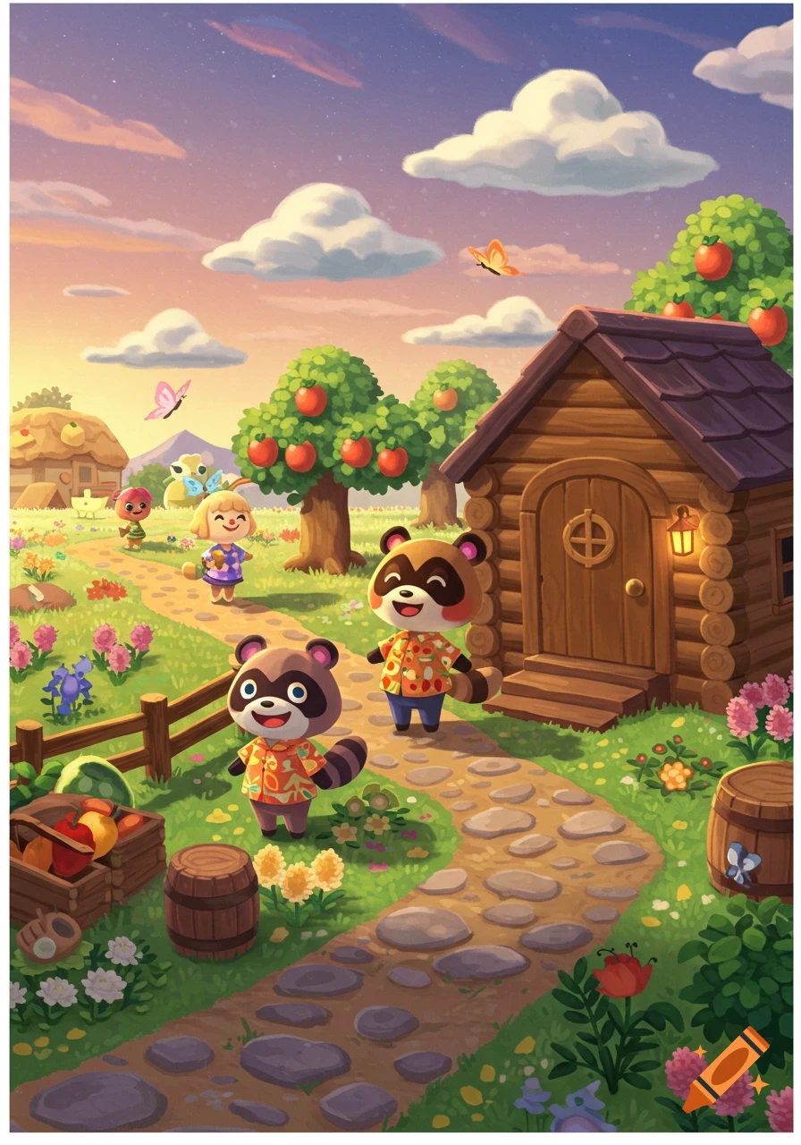 Two anthropomorphic raccoons in tropical shirts walk on a stone path towards a log cabin in a vibrant, whimsical Animal Crossing-style landscape at sunset.