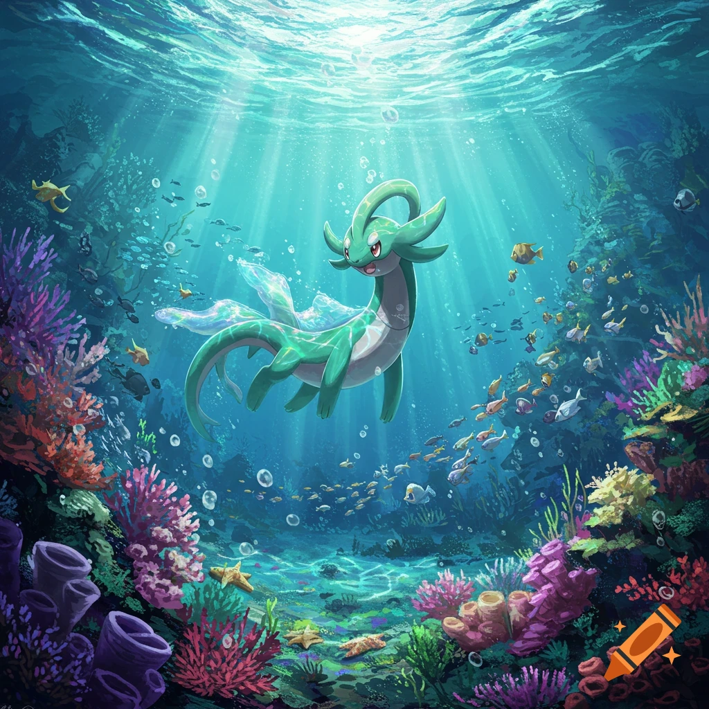 A green serpentine Pokemon-like creature with transparent fins swims through a vibrant, sunlit coral reef filled with colorful fish in a detailed illustration.