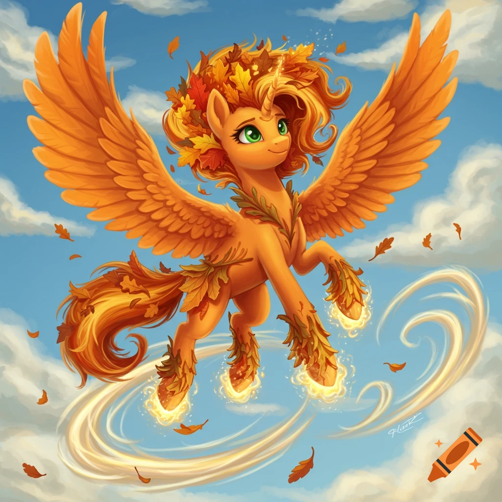 An autumn-themed cartoon pegasus pony with orange fur, a leafy mane, and glowing hooves flies in a blue sky with clouds.