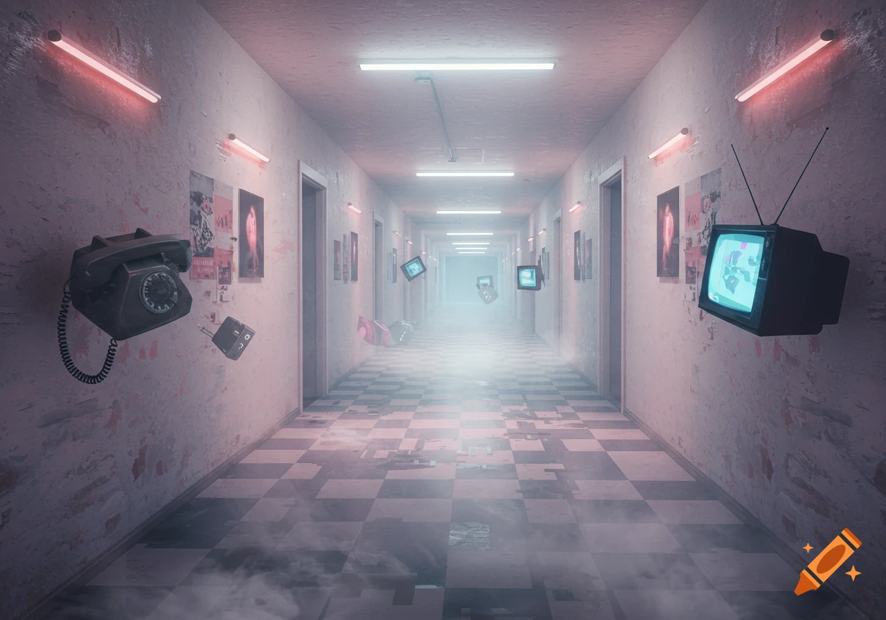 A long, misty hallway with a checkered floor and glowing pink and white lights. Old telephones and televisions float along the walls.