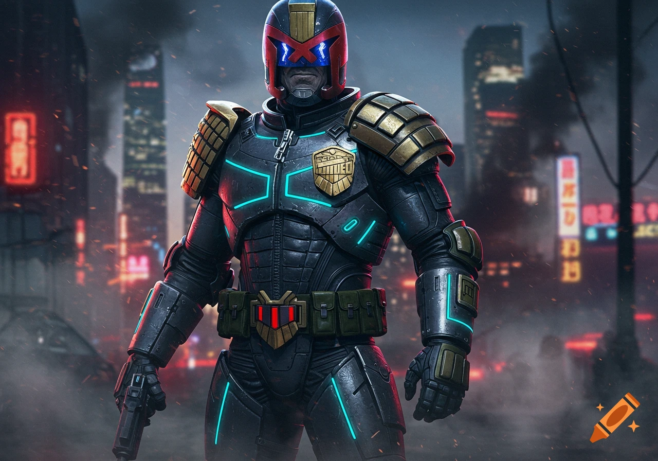 A futuristic Judge Dredd in a detailed black and gold armored suit with glowing blue accents stands in a rainy cyberpunk city.