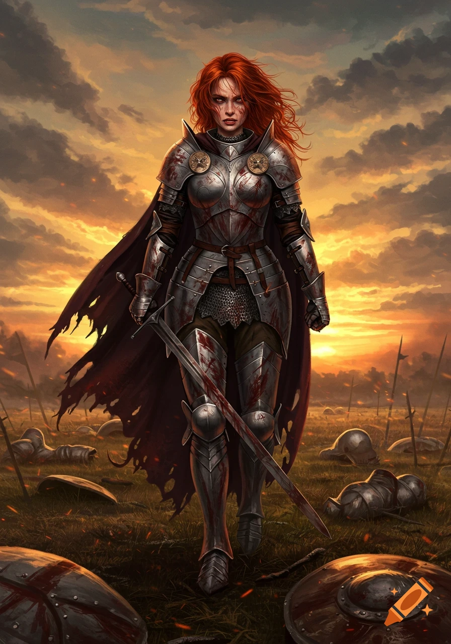 Red-haired warrior in blood-splattered armor with a sword on a battle-scarred field at sunset.