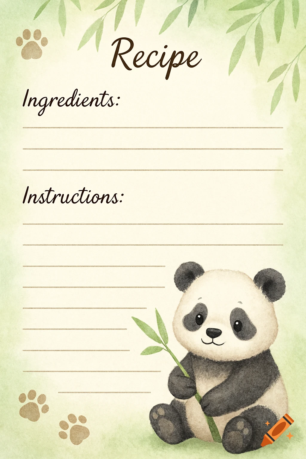 Watercolor panda-themed recipe card template with 'Recipe', 'Ingredients', 'Instructions' headings, lines, and paw prints.