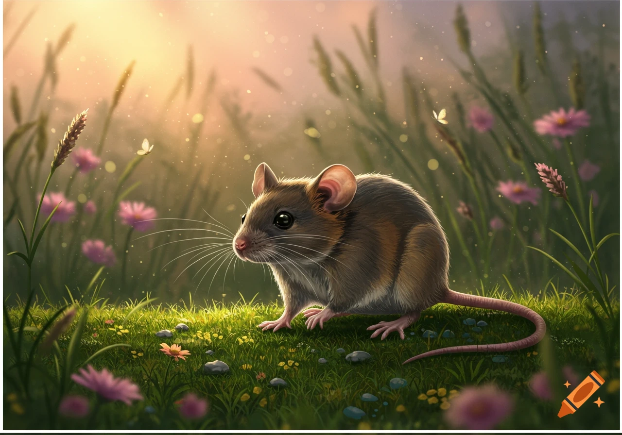 A cute brown mouse sits among green grass and colorful flowers, illuminated by warm golden light.