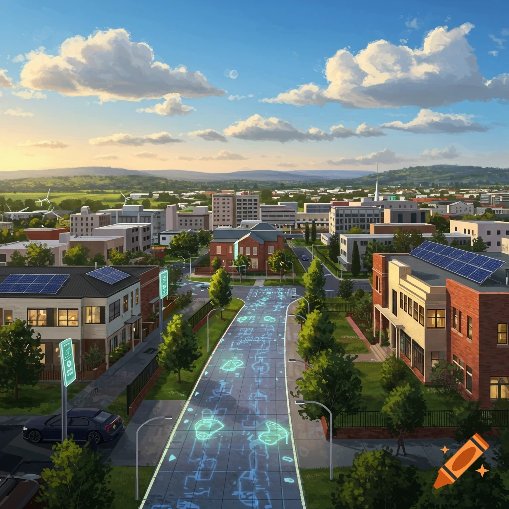 A clean, modern city with solar-paneled houses, wind turbines, and smart pavements displaying glowing patterns.