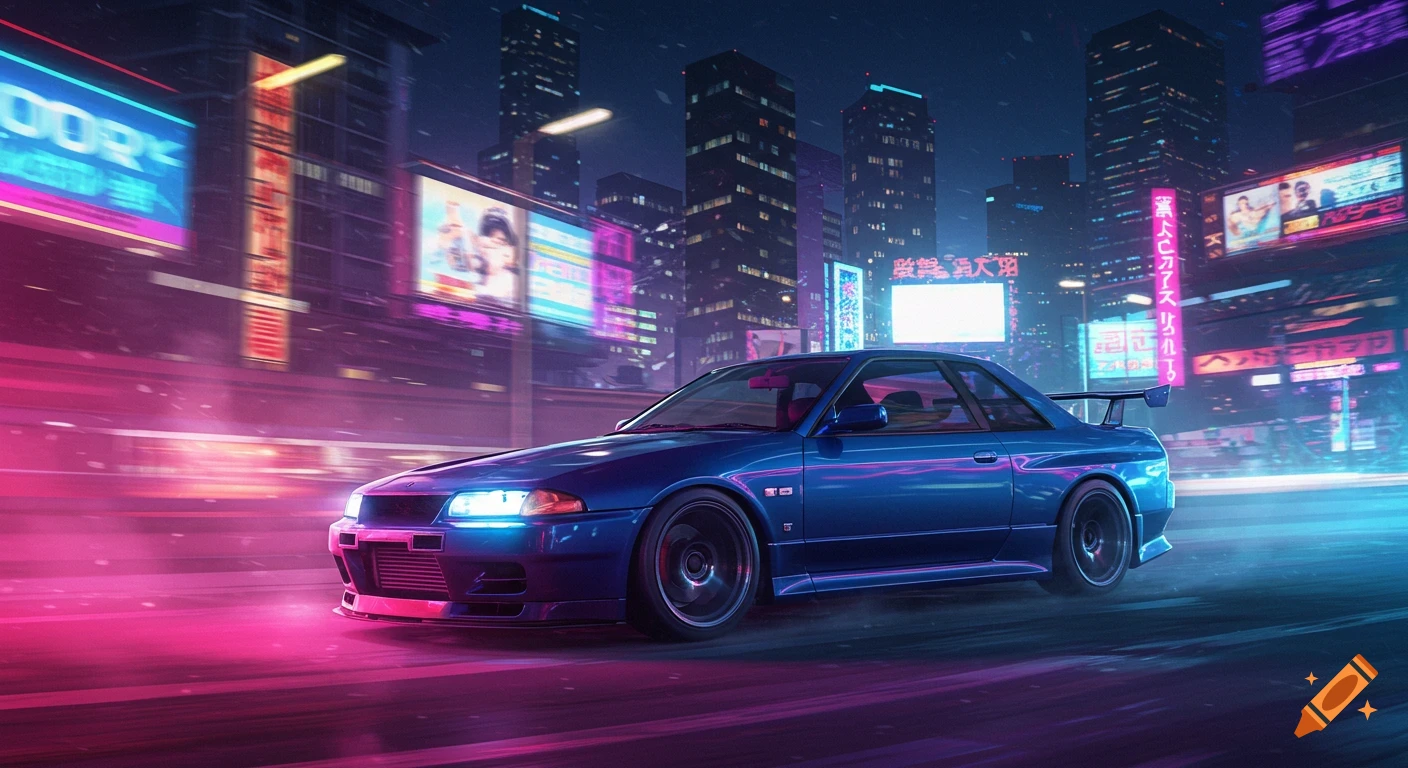 A blue Nissan Skyline drives through a neon-lit city at night, with vibrant pink and blue lights and motion blur.