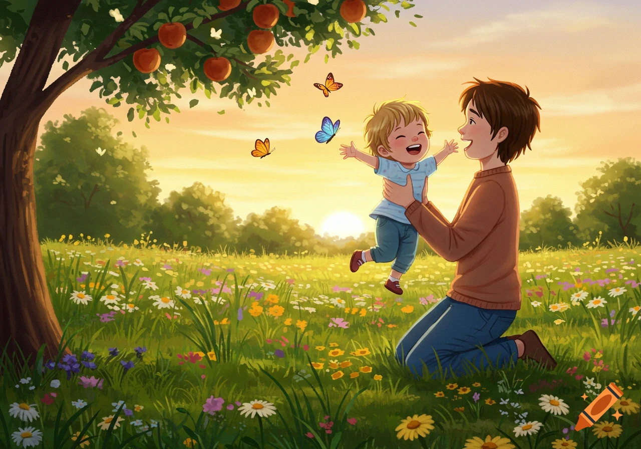 A smiling father holds up his laughing child in a colorful, flower-filled meadow at sunset under an apple tree, with butterflies flying around.