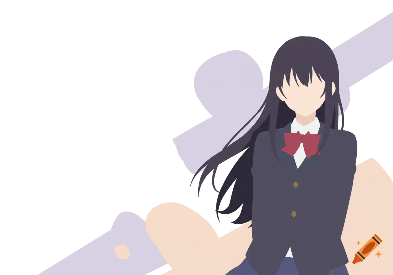 A minimalist anime girl with long dark hair, wearing a dark blue school uniform jacket, white shirt, and red bow.