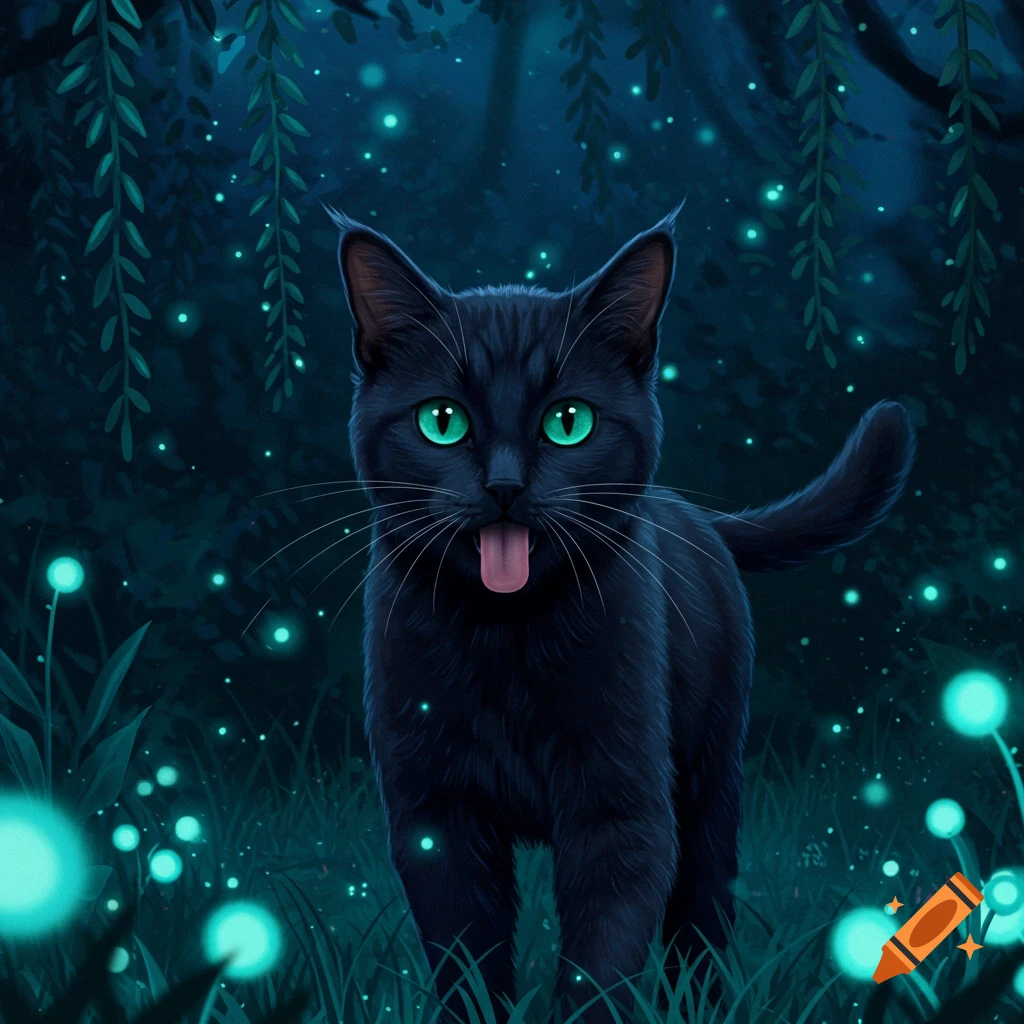 A black cat with bright green eyes and its tongue out stands in a dark, glowing fantasy forest with luminous plants.