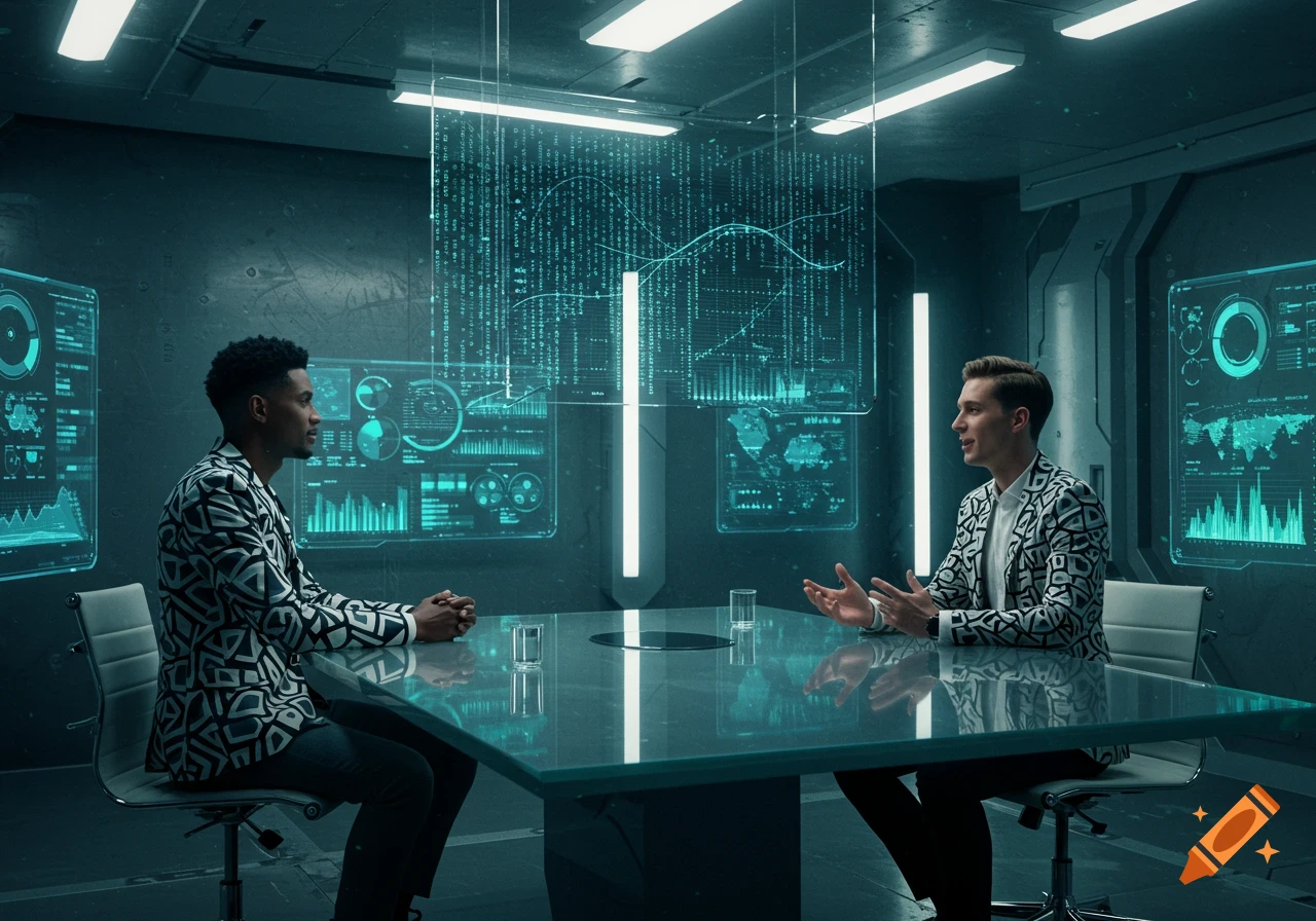 Two men in patterned jackets sit at a table in a futuristic room with holographic data screens, engaged in an interview.