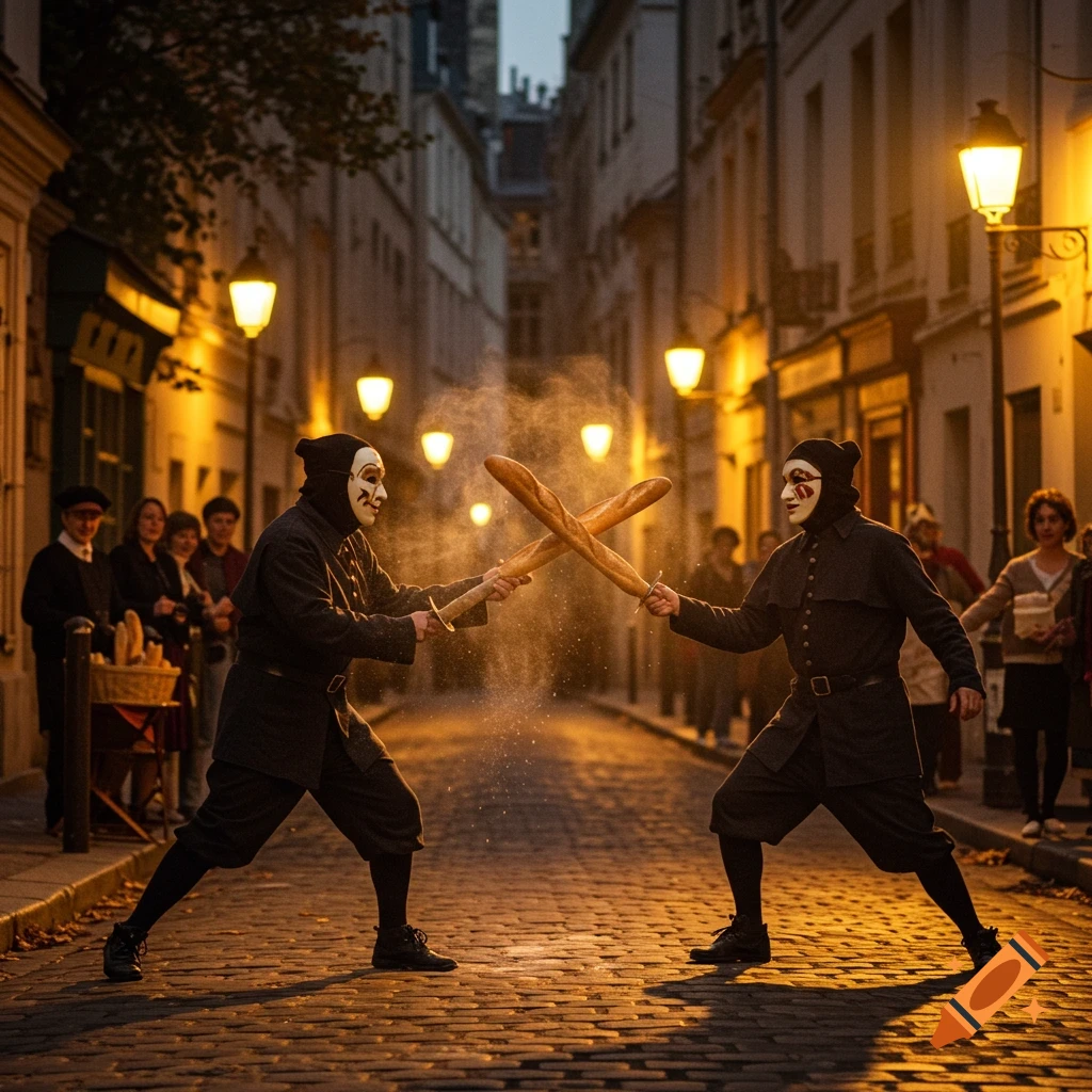 Two masked figures in black costumes 'sword-fighting' with baguettes on a cobbled street at night, with bystanders watching.