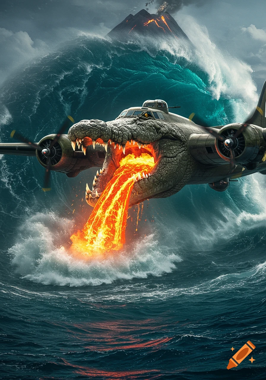 A photorealistic, epic scene of a crocodile-headed bomber plane spewing molten lava into a stormy ocean with a tsunami and erupting volcano.