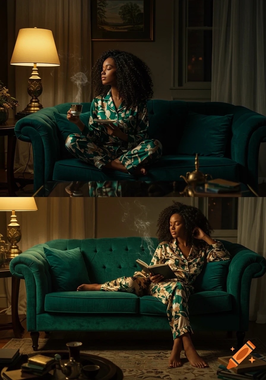 A photorealistic image of an African American woman in green silk pajamas, relaxing on a teal velvet sofa in a dimly lit luxurious living room. In the top half, she sips tea. In the bottom, she reads a book.