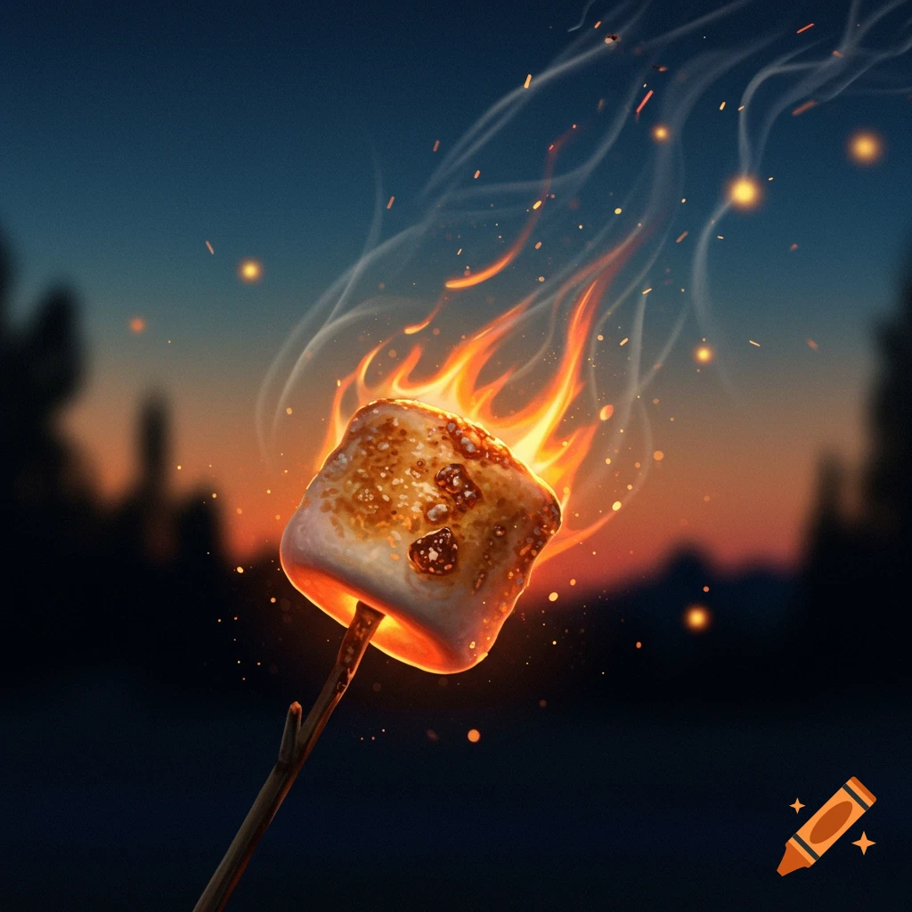 A marshmallow on a stick, perfectly toasted and on fire, against a twilight sky with faint smoke and embers.