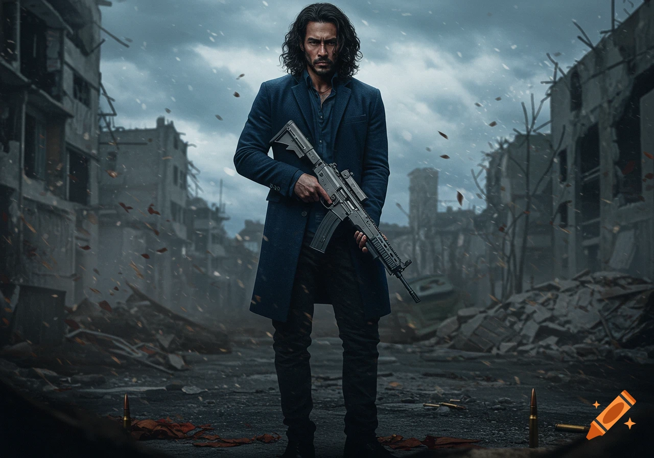 A photorealistic image of a man with long black hair and a blue jacket holding an assault rifle in a destroyed city.
