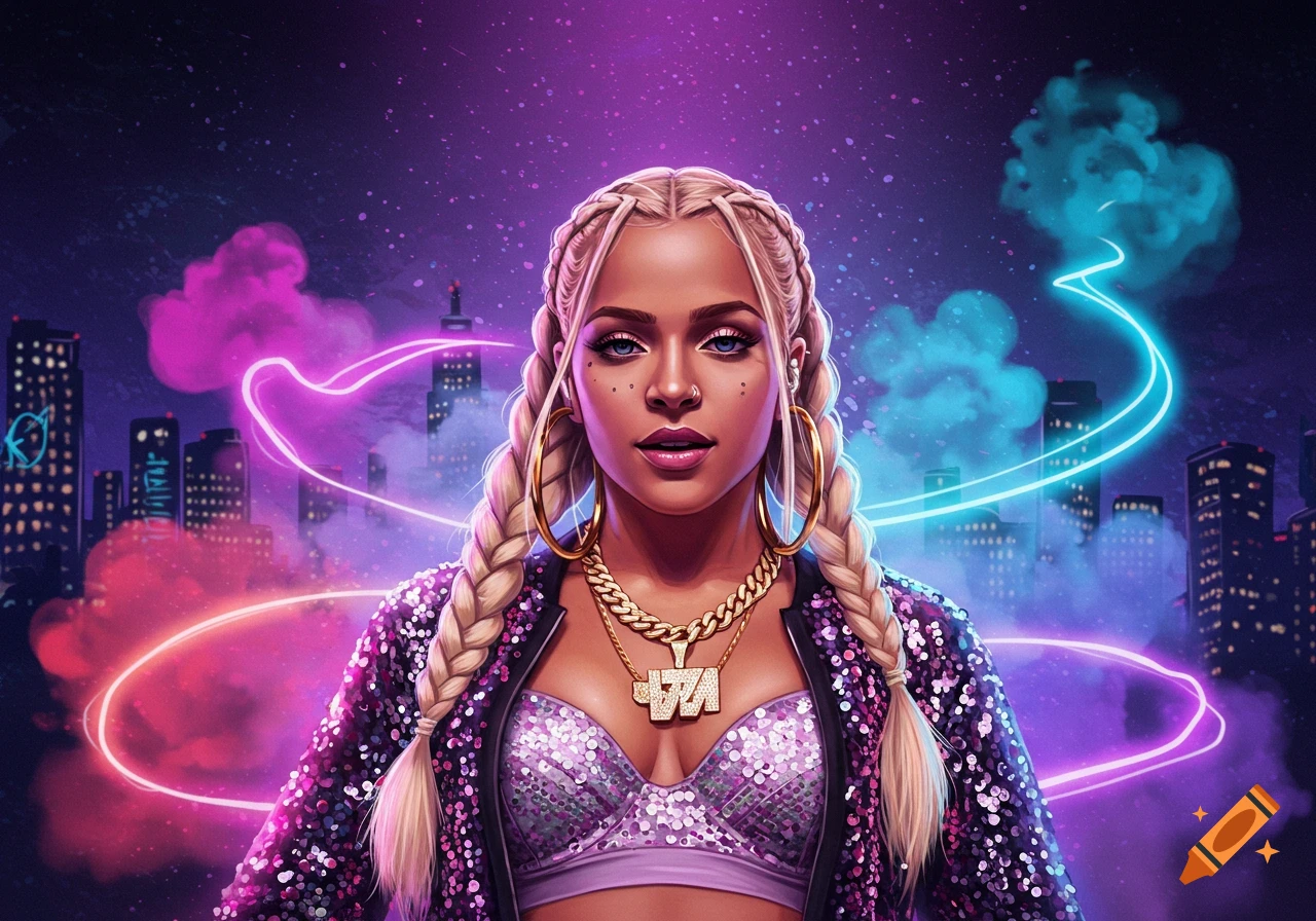 A vibrant, stylized portrait of a blonde woman with braided hair, gold hoop earrings, and a sparkly jacket, set against a neon-lit cityscape.