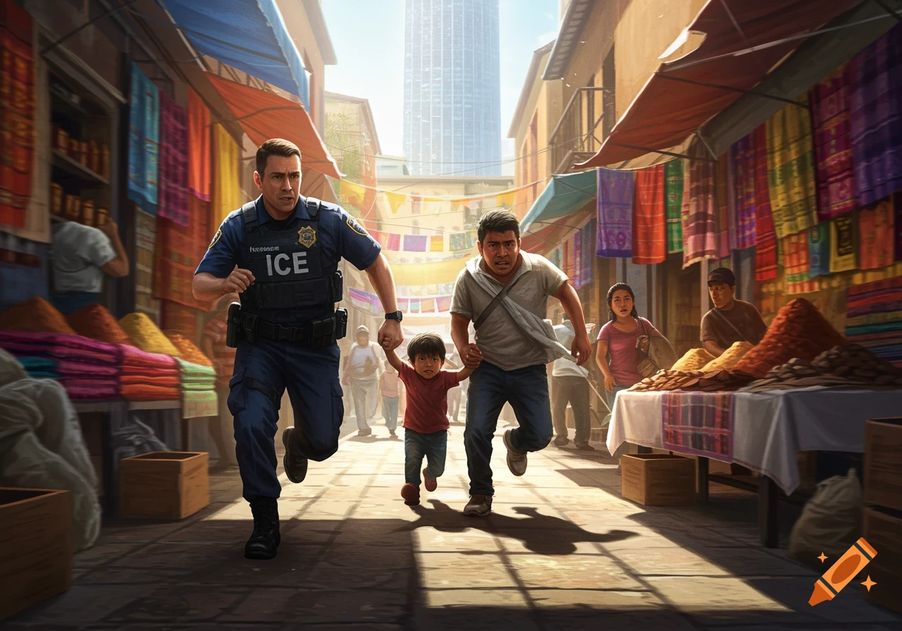 A tense, photorealistic scene of an ICE agent running after a man holding a child's hand through a bustling, colorful market street with stalls.