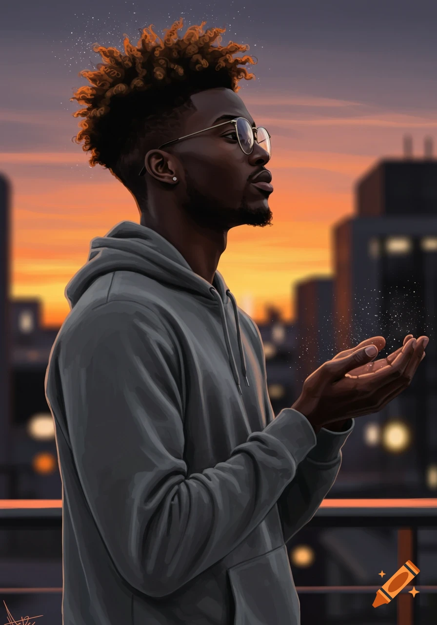 Digital painting of a man with curly hair, glasses, and a gray hoodie, holding sparkling dust on a city rooftop at sunset.