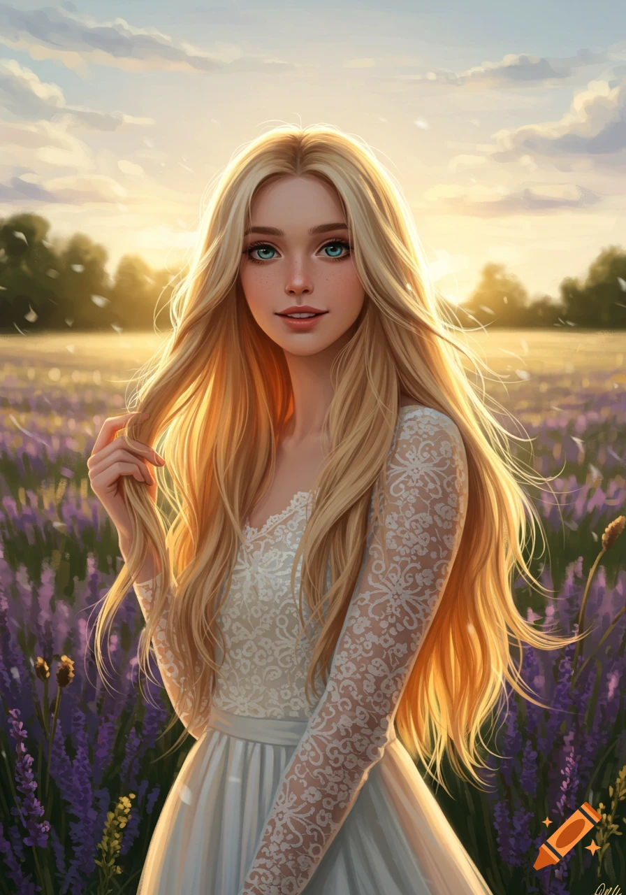 A stunning digital painting of a blonde woman with teal eyes, wearing a white lace dress, pulling her hair in a lavender field at sunset.