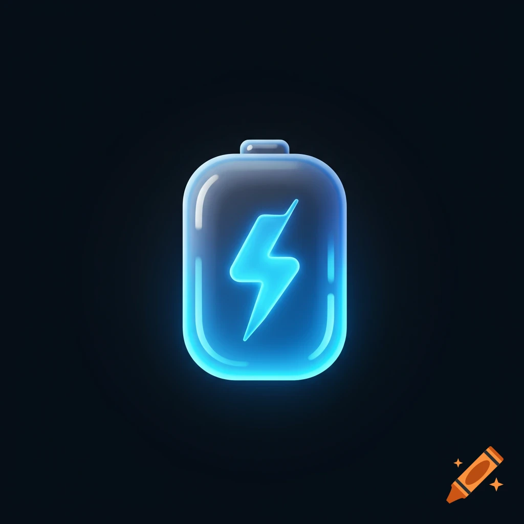 A sleek, stylized, glowing electric blue battery icon with a lightning bolt inside, on a dark background.