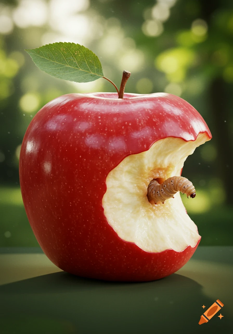 Photorealistic image of a red apple with a bite taken out, revealing a worm crawling out of it, against a blurred green background.