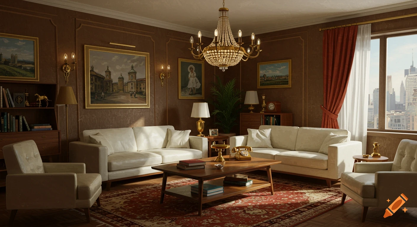 Luxurious vintage 60s living room with white sofas, a large gold chandelier, and classic furniture.