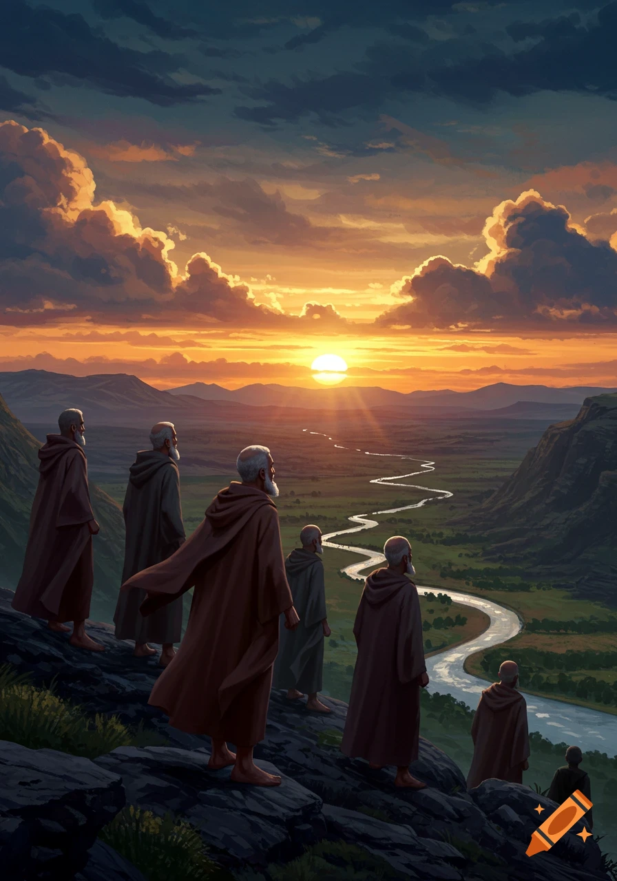 Robed men stand on a cliff overlooking a winding river in a valley at sunset.
