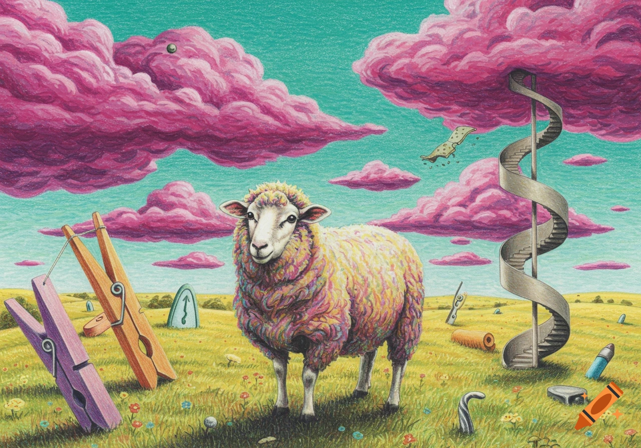 A colorful sheep in a surreal grassy field with giant clothespins, a spiral staircase, and pink clouds, in a colored pencil style.