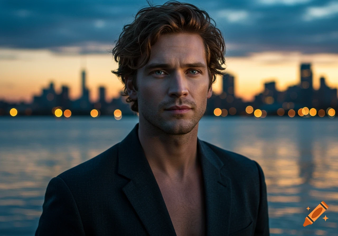 A man with wavy brown hair and blue eyes stands in a dark jacket by water at dusk, with a blurry city skyline in the background.