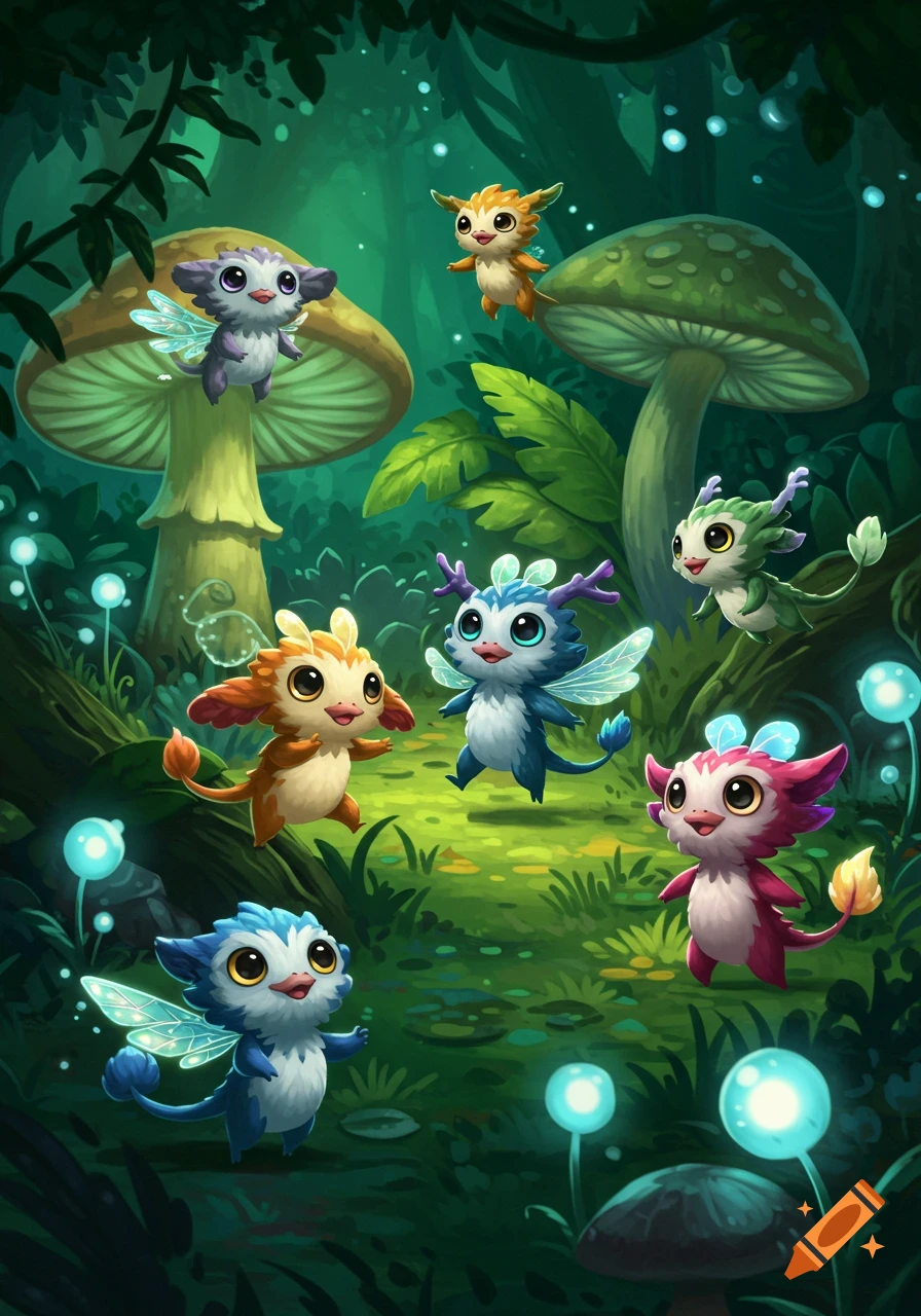 Cute winged and horned fantasy creatures playing in a magical mushroom forest with glowing plants.