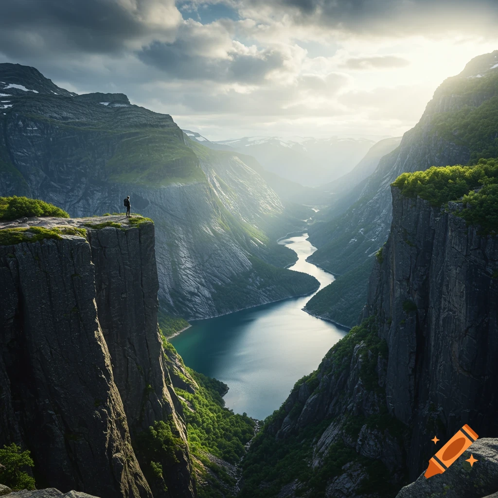 A person stands on a high cliff overlooking a vast, lush green mountain valley with a winding river under a dramatic, cloudy sky.