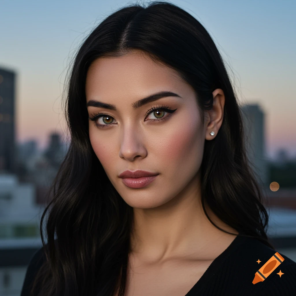 Photorealistic portrait of a woman with dark hair and green eyes on a city rooftop at dusk.