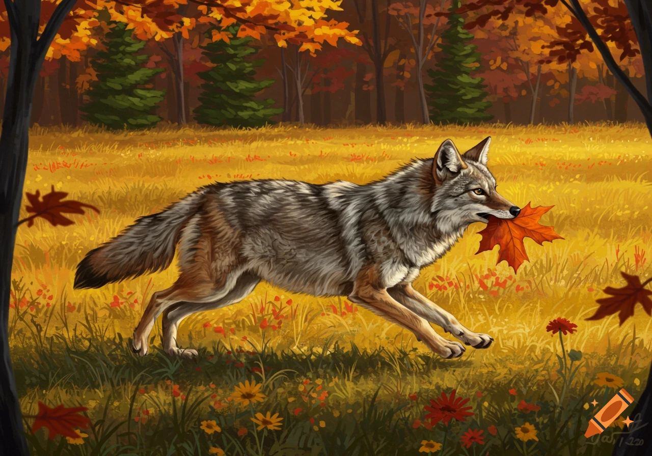 An illustrated coyote runs through an autumn field with a bright orange maple leaf in its mouth. Fall foliage and trees are in the background.