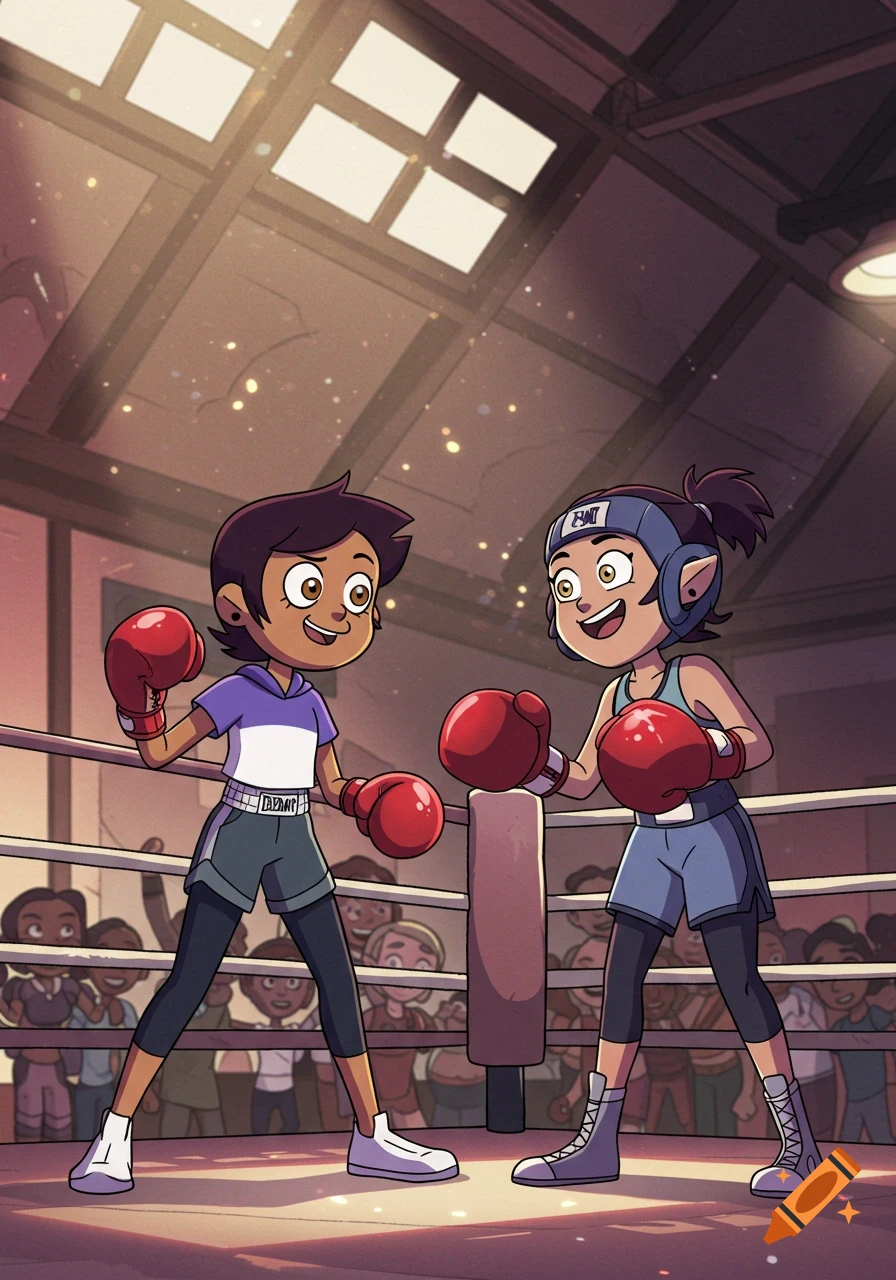 Two cartoon girls, in the style of The Owl House, wearing boxing gloves and headgear, stand smiling in a boxing ring.