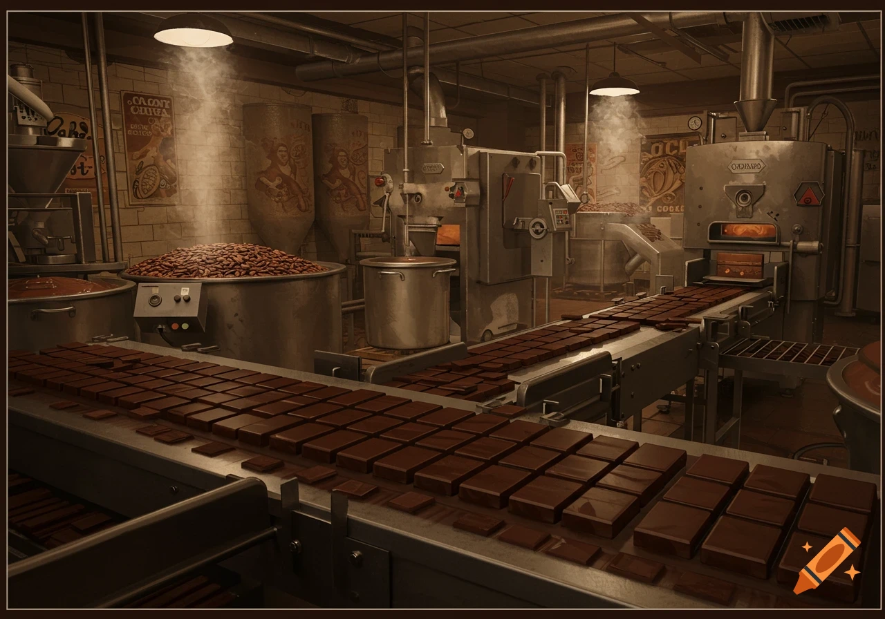 Vintage-style chocolate factory with large vats of cocoa beans, melting chocolate, and chocolate bars on conveyor belts.