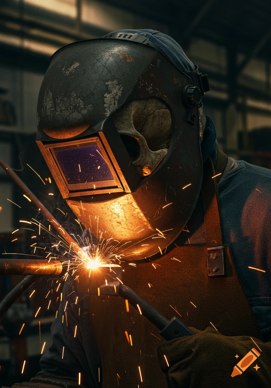 Photorealistic image of a skull welder in a mask and apron, sparks flying.