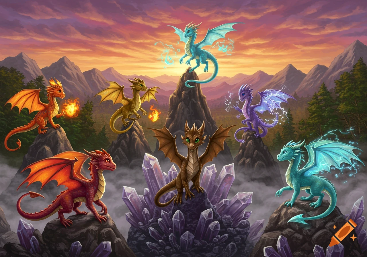 Seven colorful baby dragons, some with fire or lightning, on mountains and purple crystals in a fantasy landscape at sunset. Detailed illustration.