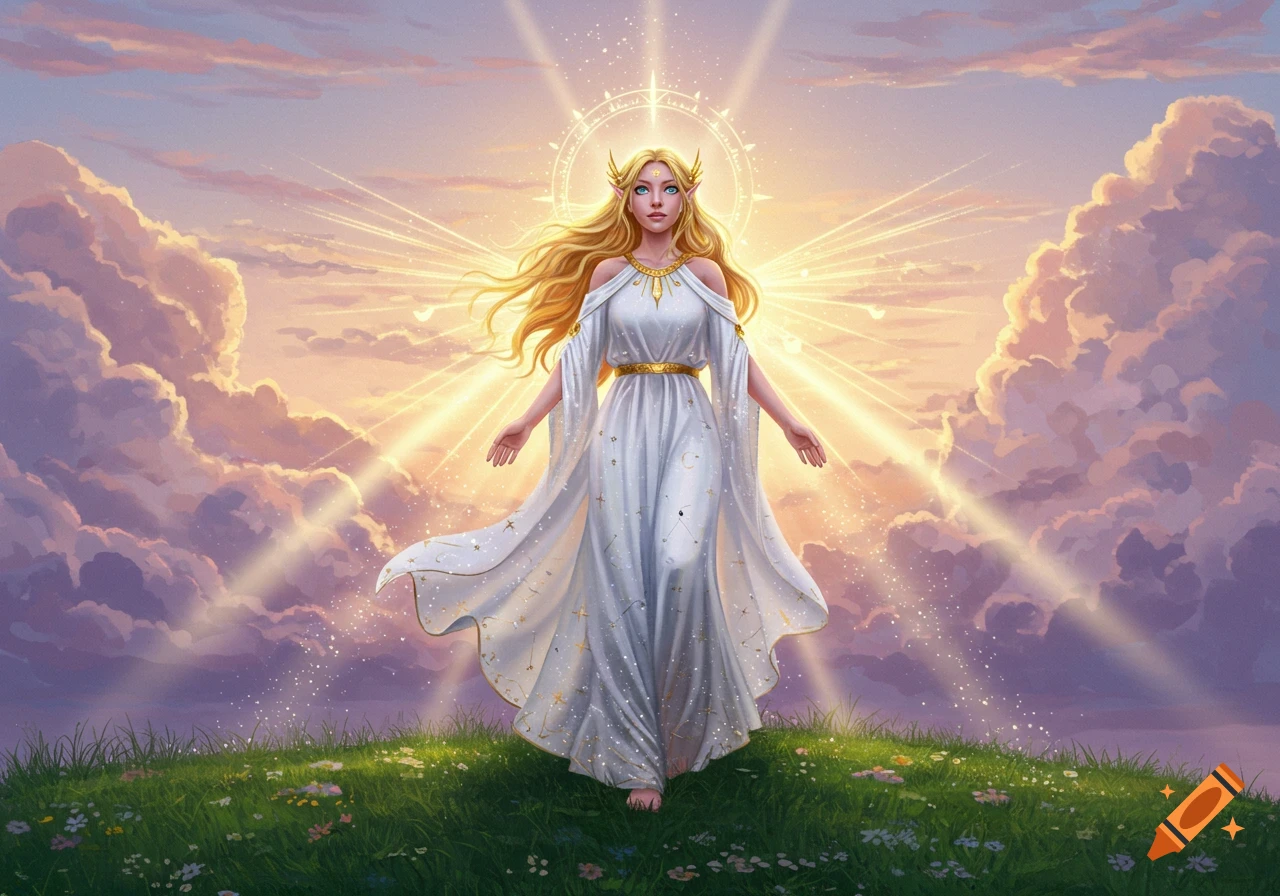 An ethereal blonde goddess in a white flowing gown stands on a grassy hill, bathed in radiant light from a cloudy sky.