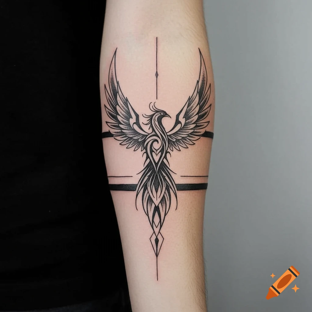 A black and white tribal-style phoenix tattoo on an arm, with two horizontal bands wrapping around the arm.