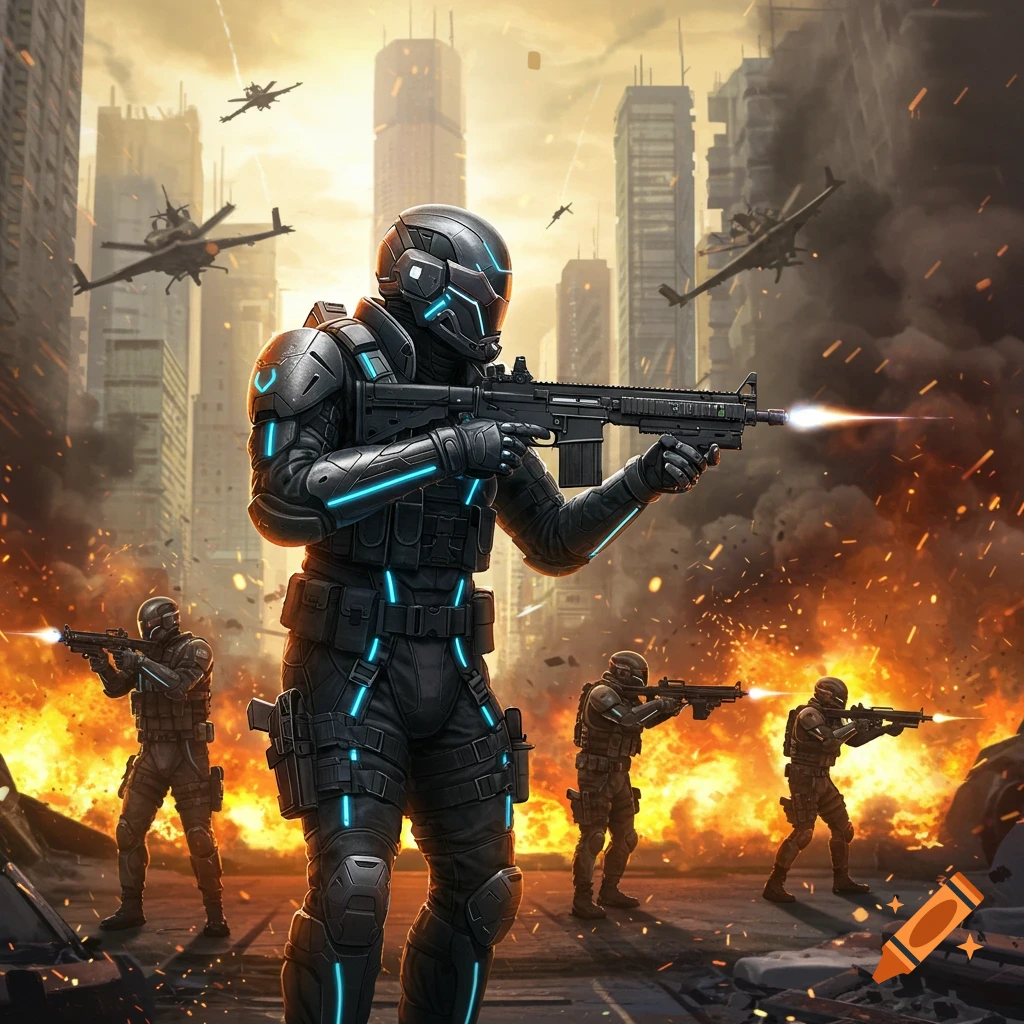 Futuristic soldiers in glowing black armor engaged in urban combat amidst burning city ruins and flying aircraft.