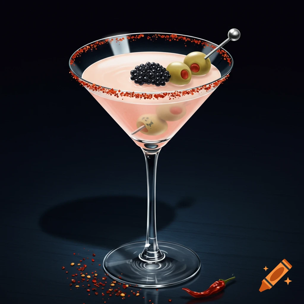 A pink martini in a spiced-rimmed glass, garnished with black caviar and green olives, with a red chili pepper nearby.