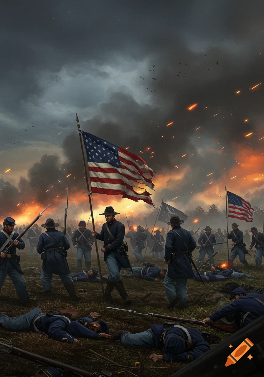 Union soldiers on a smoky Civil War battlefield, one holding a torn American flag, with fallen comrades and distant fires.
