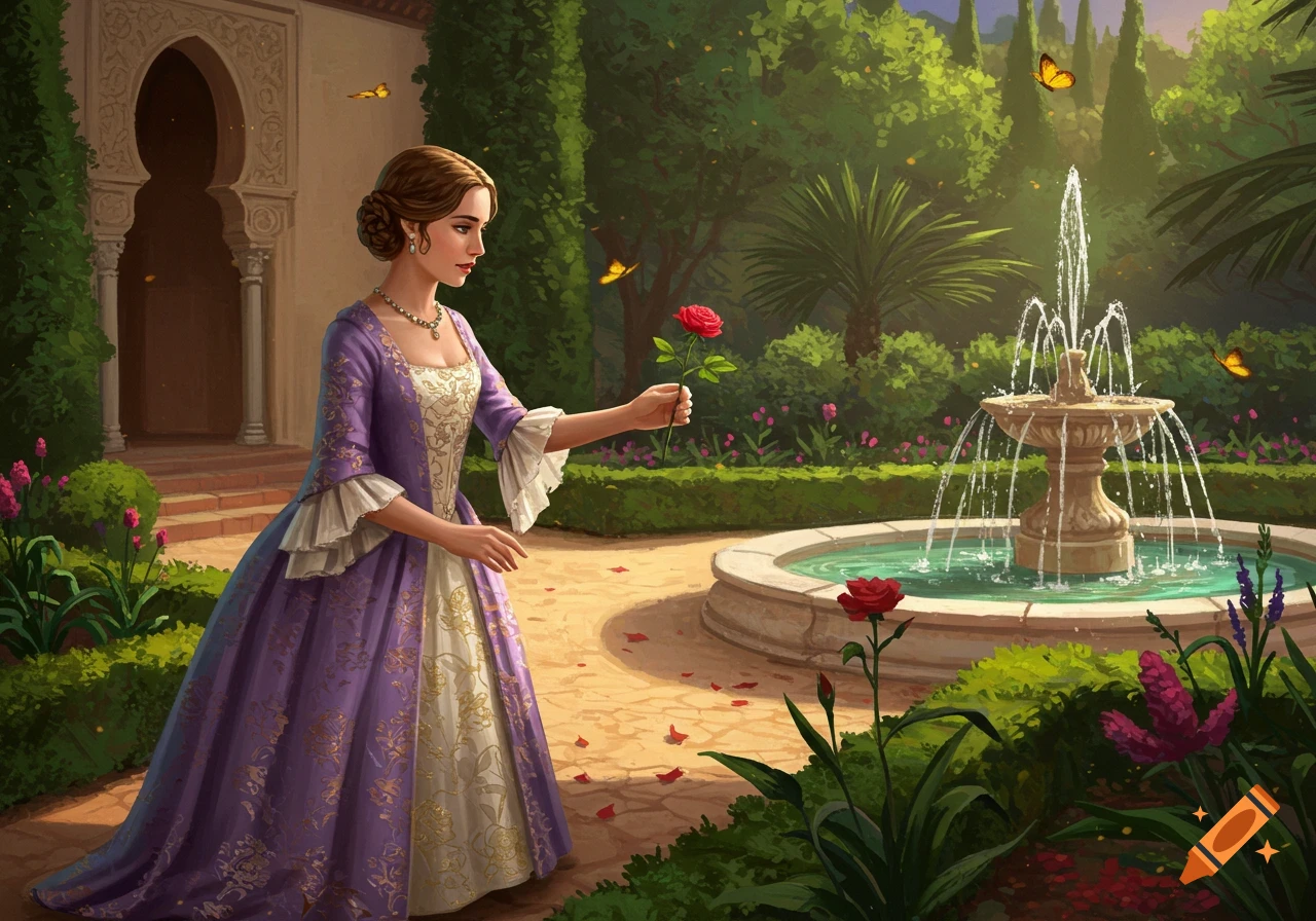 An illustration of a woman in a purple historical dress holding a red rose in a lush garden with a fountain.