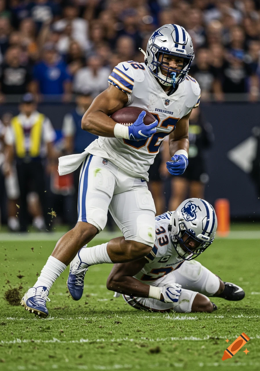 Two American football players in a game; one runs with the ball as another is tackled on the field.
