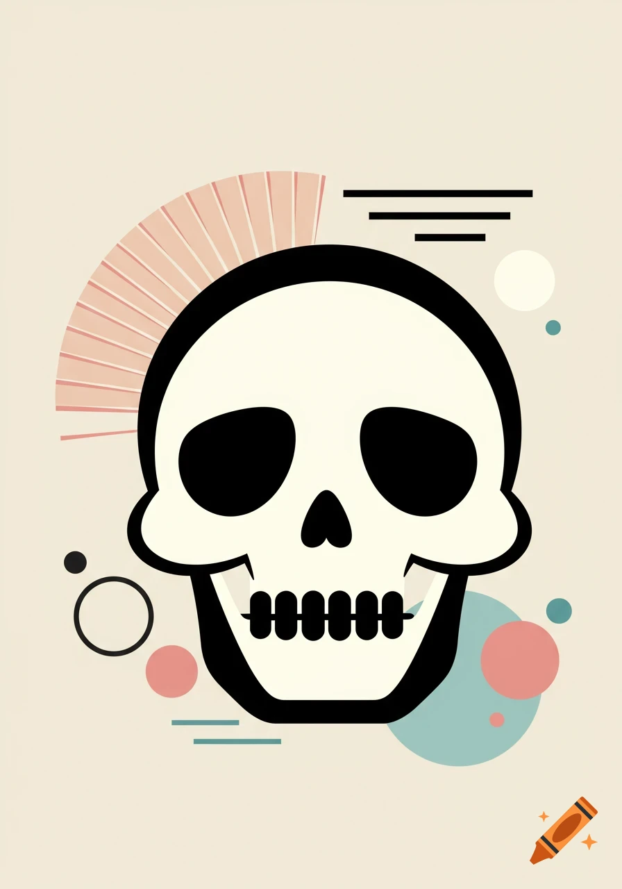 A stylized skull illustration with a pink fan-like shape and abstract geometric elements, in a clean, retro 1950s style.
