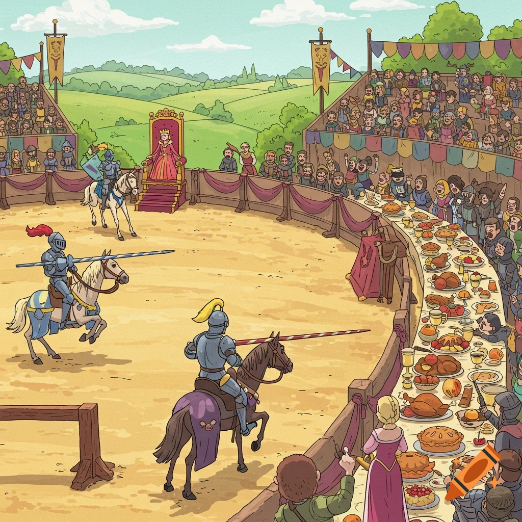 Cartoon of a medieval jousting tournament with knights, a queen, and spectators feasting at banquet tables in an outdoor arena.
