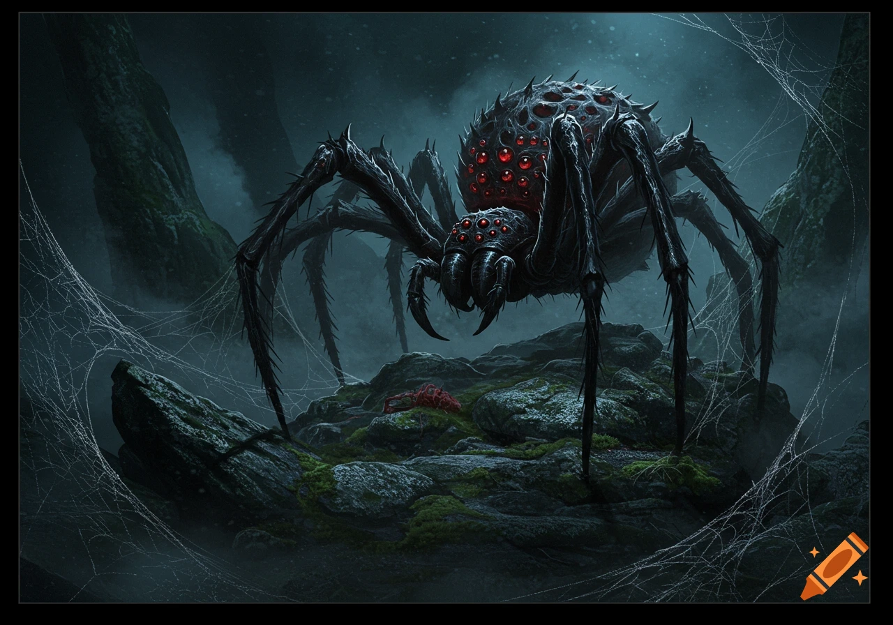 A monstrous black spider with glowing red eyes sits on mossy rocks covered in webs in a dark, misty fantasy scene.