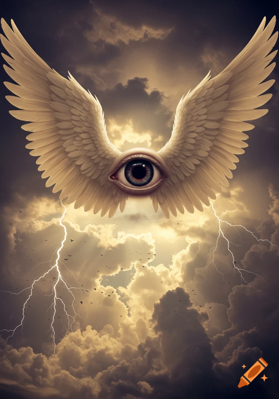 A large, detailed eye with feathered wings hovers in a dramatic, stormy sky with lightning and distant birds.