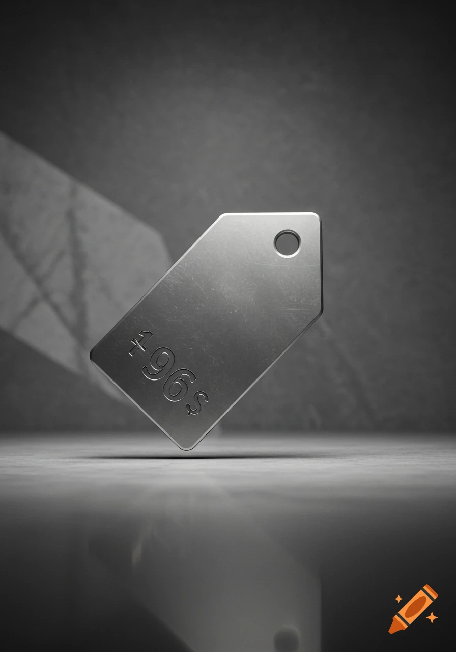 A shiny, scratched metallic price tag with "$96" embossed on it, floating above a reflective surface in a dark, minimalist room.