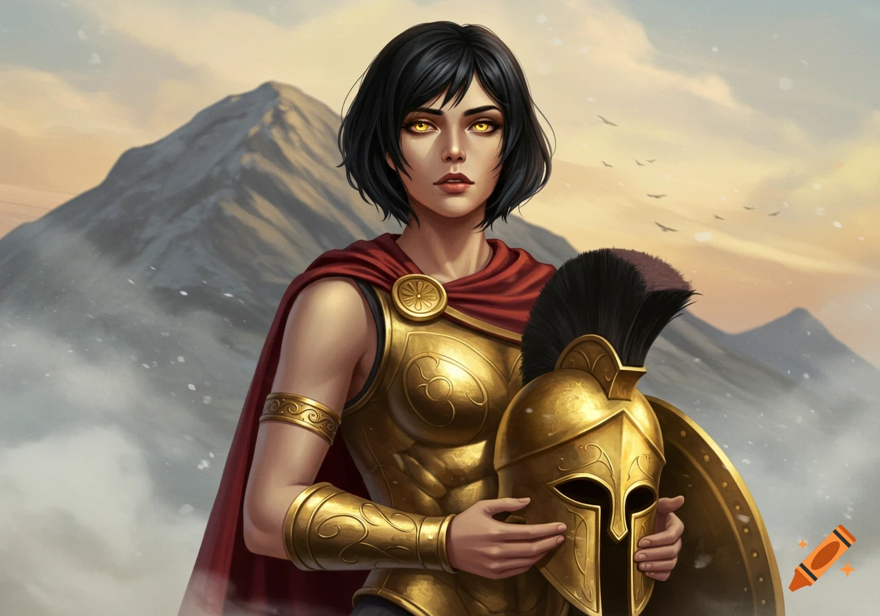 A female Spartan warrior with short black hair and golden eyes holds a  golden helmet against a misty mountain background. on Craiyon, image size:1280x896